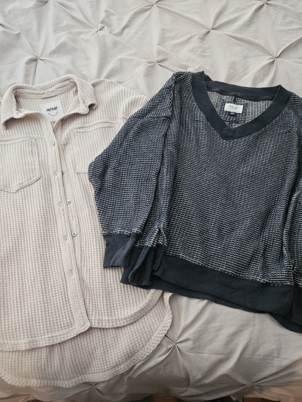 aerie waffle shirt jacket in cream and textured knit pullover in Blue